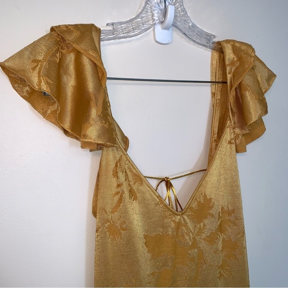 Zara Jacquard Ruffle Yellow Gold Maxi Dress S - Picture 6 of 11